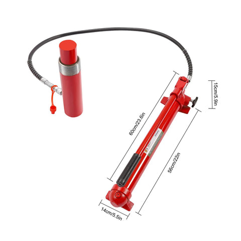 Side view of a red 20-ton porta power hydraulic jack kit with pump, hose and ram for auto body frame repair.