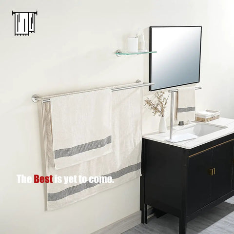 Double Bath Towel Bar 39 Inch Overall Usable 36 Inch, Premium 304 Stainless Steel, mounted with towels in a bathroom setting