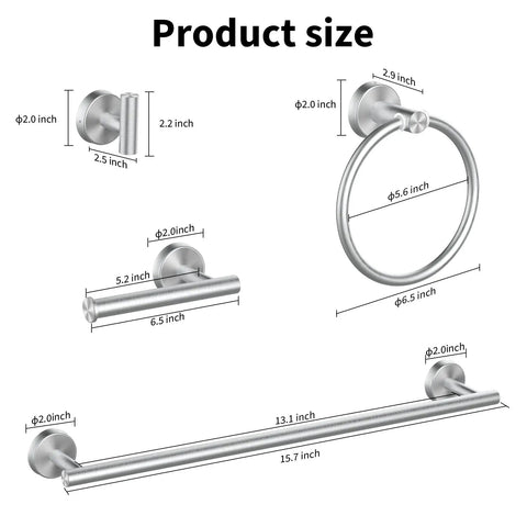 Diagrams of Brushed Nickel 10 Piece Bathroom Accessories Set Includes 16 Inch Towel Bar Towel Ring Toilet Paper Holder Robe Hook And More SUS304 Stainless Steel Hardware For Dual 5 Piece Sets, showing dimensions.