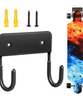 Heavy Duty Skateboard Wall Mount Hook Rack For Easy Vertical Storage with screws and anchors shown with a longboard