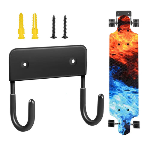 Heavy Duty Skateboard Wall Mount Hook Rack For Easy Vertical Storage with screws and anchors shown with a longboard