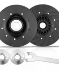 Tough As Nails Heavy Duty Angle Grinder Backing Pad Two Pack Ribbed Resin Fiber Disc Quick Swap For Sanding Grinding Polishing And Woodworking Projects Five Eighths Thread Compatible Gear with two black pads and metal tool.