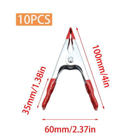 Rock Solid Four Inch Metal Spring Clamps With Grippy Rubber Tips, 4in clamp with metal body and red grips for secure woodworking.