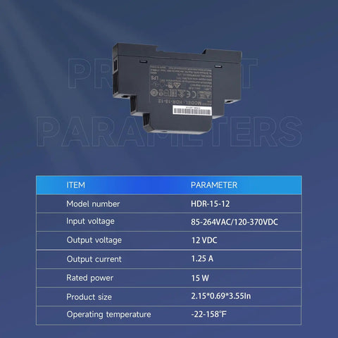 Straight Up Reliable 15 Watt 12 Volt Din Rail Switching Power Supply 1.25 Amp showing model HDR-15-12 and specifications