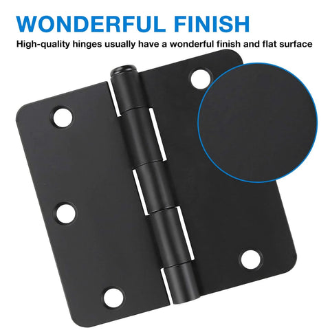 Close-up of 18 Pack Matte Black Door Hinges For Interior Doors Three Point Five Inch Hinges With Rounded Corners One Quarter Radius