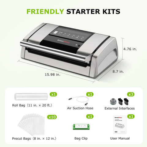 Pro Grade Heavy Duty Food Vacuum Sealer With Easy Lock Handle Built In Cutter And Bag Clip Storage Fast 135W Suction shown with accessories