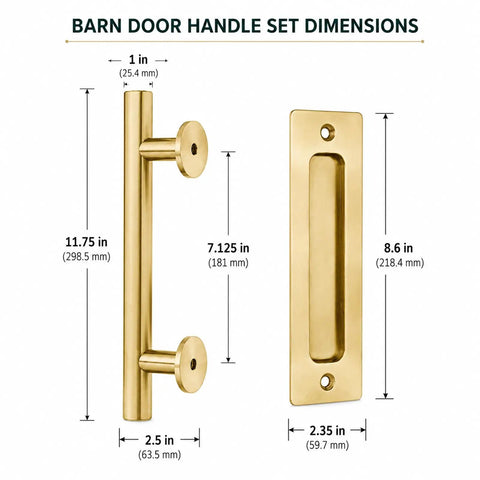 11.5 Inch Barn Door Handle Set With Dual Action Exterior Grip And Two Sided Interior Pull, Heavy Duty Steel Construction In Brushed Brass Gold Finish, Sliding Door Hardware Kit For Wood Doors And Closets, dimensions shown