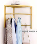Space Saving Corner Clothes Rack For Laundry Room And Closet, Mounted Garment Organizer with gold finish and multiple rods