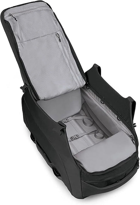 Open interior view of Osprey Sojourn Shuttle 30/100L wheeled duffel, black exterior, grey lining with packing straps