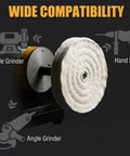 Top Notch 2 Pcs 5 Inch Cotton Buffing Wheels With 3/8 Inch Arbor Hole Built Tough For Die Grinder And Angle Tool shown on table grinder.