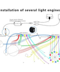 Diagram showing installation of 6-Hole RGB Fiber Optic Headliner Starlight Kit with APP control and light engines.