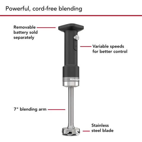 Cordless Hand Blender With 12 Volt Battery Operated Kitchen Tool Lightweight Smoothie Wand showcasing 7" stainless steel blending arm.