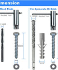 Drywall Anchors And TV Wall Mount Kit With M8 Lag Bolts And Washers, Concrete Wall Anchors, Bubble Level, Socket Tool, And Two Drill Bits For Precise Installation In Wood Or Concrete, showing tools and dimensions for wood and concrete use
