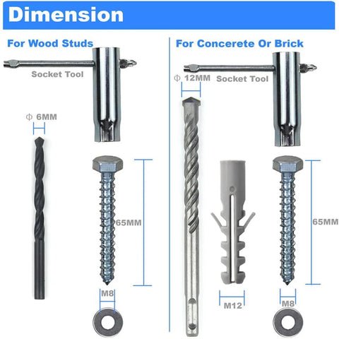 Drywall Anchors And TV Wall Mount Kit With M8 Lag Bolts And Washers, Concrete Wall Anchors, Bubble Level, Socket Tool, And Two Drill Bits For Precise Installation In Wood Or Concrete, showing tools and dimensions for wood and concrete use