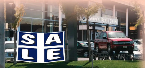 Eye Catching Underhood Sign Kit In White And Blue Measuring 29 By 41 Inches Using Super Durable Corrugated Plastic For Your Car Lot Or Dealership To Show Off Deals And Make Vehicles Look Awesome. white and blue 29x41in corrugated plastic underhood sale sign at car dealership