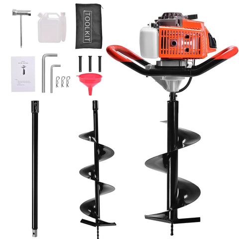 Gas Powered 72cc Post Hole Digger With Two Stroke Engine, A Real Workhorse, Includes 6 Inch And 8 Inch Auger Bits And 31.5 Inch Extension Rod