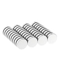Angled view of 40 silver neodymium disc magnets, 1/2 in diameter by 1/8 in thick