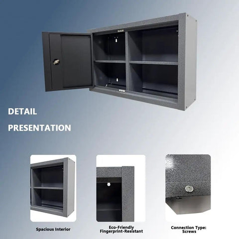 Heavy Duty Built Tough Steel Wall Cabinet for Garage and Workshop Tool Storage with Two Removable Shelves open view