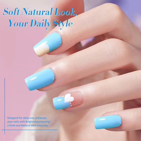 Nine Piece 15ml Gel Nail Polish Set With Macaron Colors Including Light Red Pink Nude And Pastel Shades For Spring, UV LED Soak Off, Home DIY Gel Kit, Non Toxic Formula, Long Lasting Shine And Easy Application. Close-up of blue gel nails with heart design.