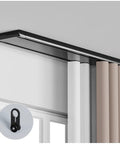 Heavy Duty Aluminum Sliding Barn Door Track System Built For Smooth Ceiling Mount Setups Featuring Silent Bypass Rollers and curtains in grey, white, and beige.