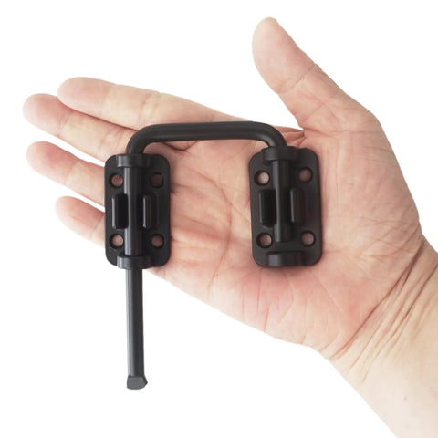 Sliding Door Loop Lock U Shaped Metal Flip Bolt Latch For Uneven Doors Small Slide Latches Hardware Matte Black Finish Easy Installation Security Latch For Home Durable Gate Lock For Interior And Exterior Use shown in hand
