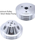 Beefy Chrome Polished Aluminum 2 Groove Short Water Pump And 3 Groove Crank Pulley Kit for Small Block Chevy SBC shown.