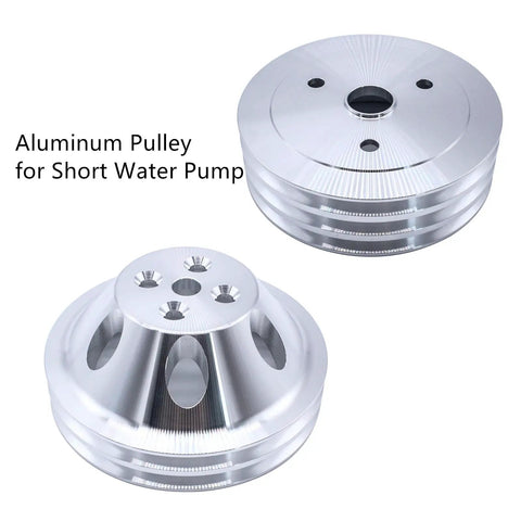 Beefy Chrome Polished Aluminum 2 Groove Short Water Pump And 3 Groove Crank Pulley Kit for Small Block Chevy SBC shown.