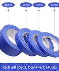 Blue Painters Tape Set With Four Sizes One Half Inch, Three Quarter Inch, One Inch And Two Inch, 60 Yards Each.