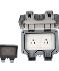 Tough As Nails IP66 Weatherproof Wall Power Socket Featuring Dual 15 Amp Outlets with secure splash guard cover open, ready for use.
