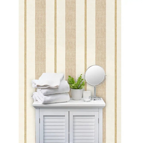 Level Up Your Space With Cream Modern Gold Matte Linen Wallpaper Game Changer PVC Free Durable Wall Covering Pro Grade Paste To Paper Design For Living Areas with towels and mirror.