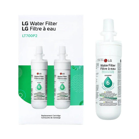 Box and bottle of LT700P2 Refrigerator Water Filter Replacement 6 Month 200 Gallon 2 Pack White For Fresher Water And Crisper Ice NSF Certified Reduces Pesticides Chemicals And Detergents.