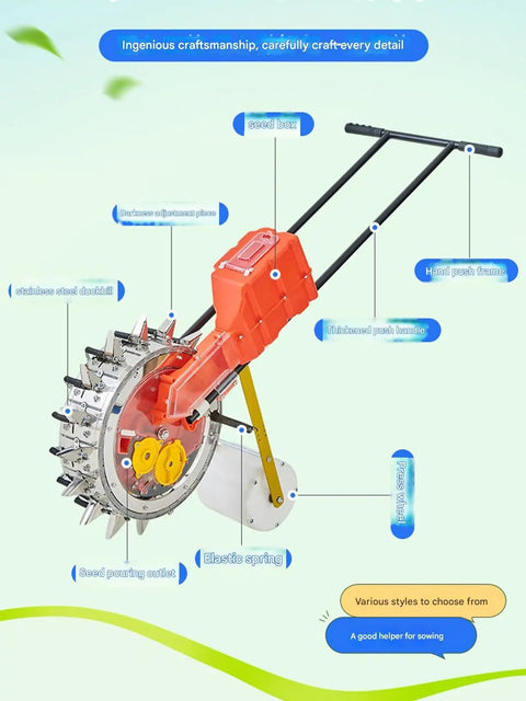 Walk Behind Garden Seeder With 12 Seeding Nozzles For Precision Row Planting, Hand Push Manual Planter with adjustable depth settings