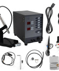 Five In One Jewelry Welder Kit Arc Spot Welder with adjustable 50-600A current, accessories shown for gold, titanium, and orthodontic uses.