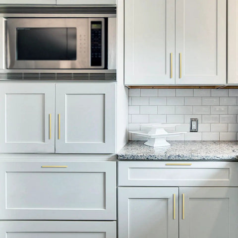 30 Pack 5 Inch Brushed Gold Cabinet Pulls Zinc Alloy Drawer Handles For Kitchen And Cabinets on white cabinets