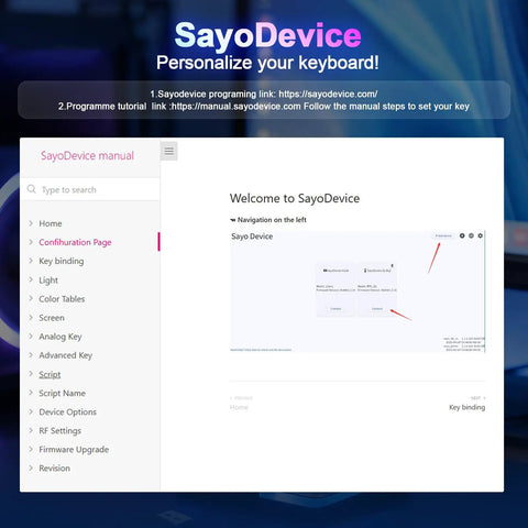 SayoDevice interface showcasing key binding options for gaming customization on a compact macro keypad.