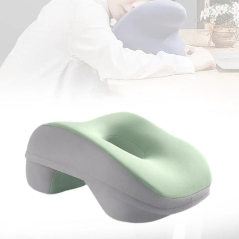 Green desk napping pillow with memory foam neck support and breathable hollow design for office breaks and travel.