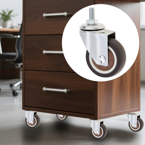 4 Pack 2 Inch TPR Rubber Caster Wheels For Furniture Quiet Ball Bearing Rollers Floor Savers Heavy Duty Swivel Casters Silent Smooth Glide Zero Hassle Install Coffee Brown on a wooden drawer.