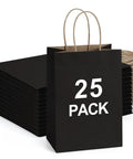 Bulk 25 Pack Black Kraft Gift Bags With Handles 5.25x3x8 Inches Eco Friendly Recycled Paper visible with handles and stack