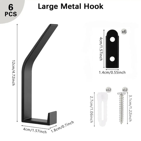 Six Hooks Heavy Duty Wall Mount Coat Rack Set, black aluminum alloy hook with 5 inch arm, screws and anchors included, diagram view