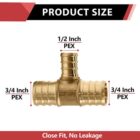 Front view of Pack Of 10 PEX Reducing Tee Brass Barb Crimp Fittings 3/4 In By 3/4 In By 1/2 In DZR Brass.
