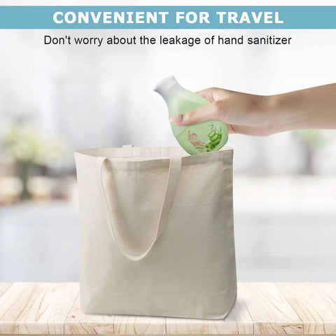 Hand holding a filled silicone bottle above an open tote bag, demonstrating convenient travel use with no leaks or spills.