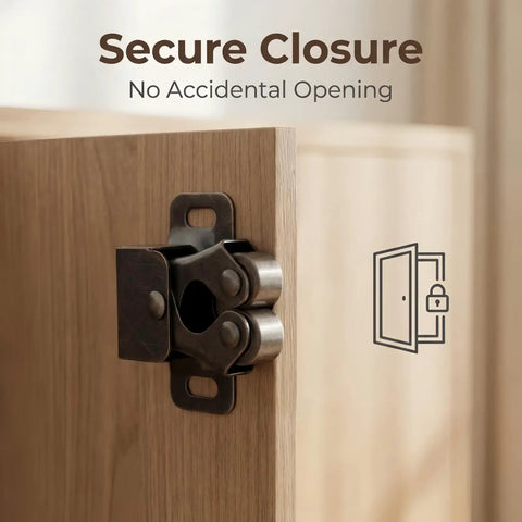 4 Pack Cabinet Latch Double Roller Catch Quiet Spring-Loaded on wooden door, antique copper finish, secure closure shown.