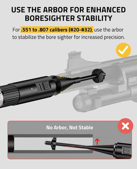 Rechargeable Laser Bore Sight Kit With 32 Adapters For 17 To 12 Gauge Calibers showing arbor for stability in use