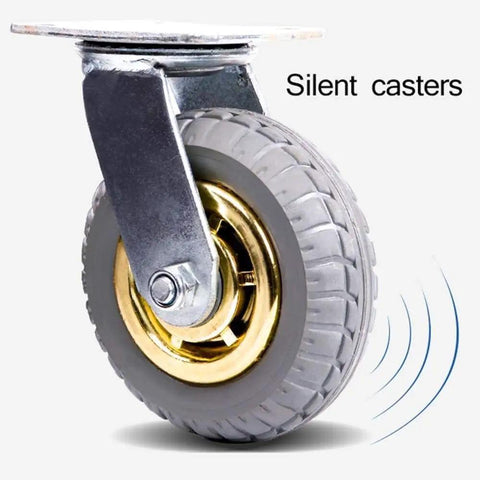 Heavy Duty Solid Rubber Caster Wheels Set Of Four With Swivel Brakes showcasing a silent caster with a sturdy metal bracket and rubber tread.