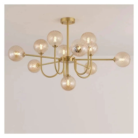 Nordic Minimalist Magic Bean LED Pendant Lamp French Glass Ball U-Shaped Chandelier with 12 frosted glass bulbs in gold finish.