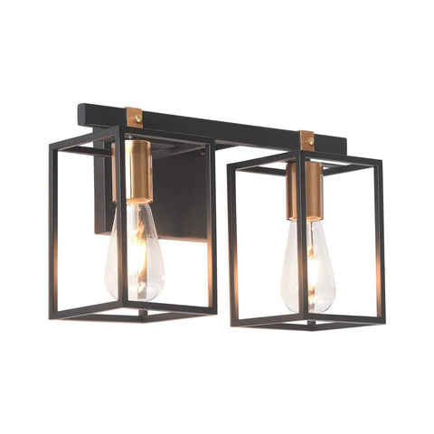 Two Light Over Mirror Bathroom Light Fixture In Rustic Farmhouse Style Industrial Metal Cage Wall Sconce With Matte Black Frame And Antique Brass Accents 14.56 Inch Length Dope Vintage Vanity Lighting For Bathrooms