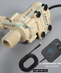12V Solar Hot Water Circulation Pump With UL Listed DC Power Adapter, showing components and dimensions on grey surface.