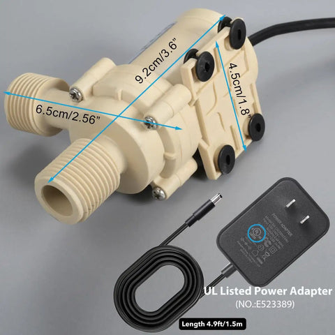 12V Solar Hot Water Circulation Pump With UL Listed DC Power Adapter, showing components and dimensions on grey surface.