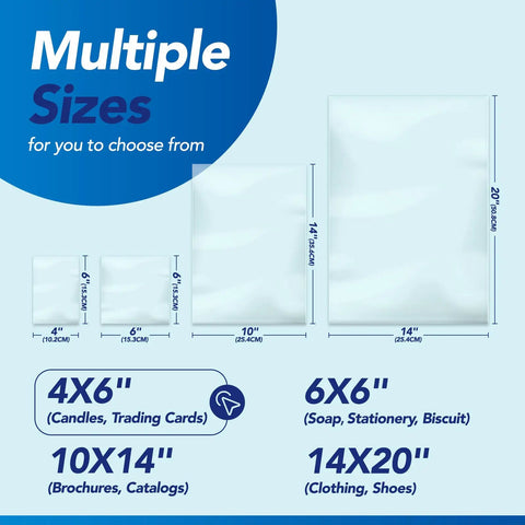 Straight Up Solid Heavy Duty Heat Shrink Wrap Bags 500 Pack 4x6 Inch Clear Film displayed in multiple sizes.