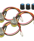 Three Pack B10K Knurled Shaft Linear Taper Rotary Potentiometer XH2.54 3P WH148 10K Potentiometer with knobs and wiring, front view